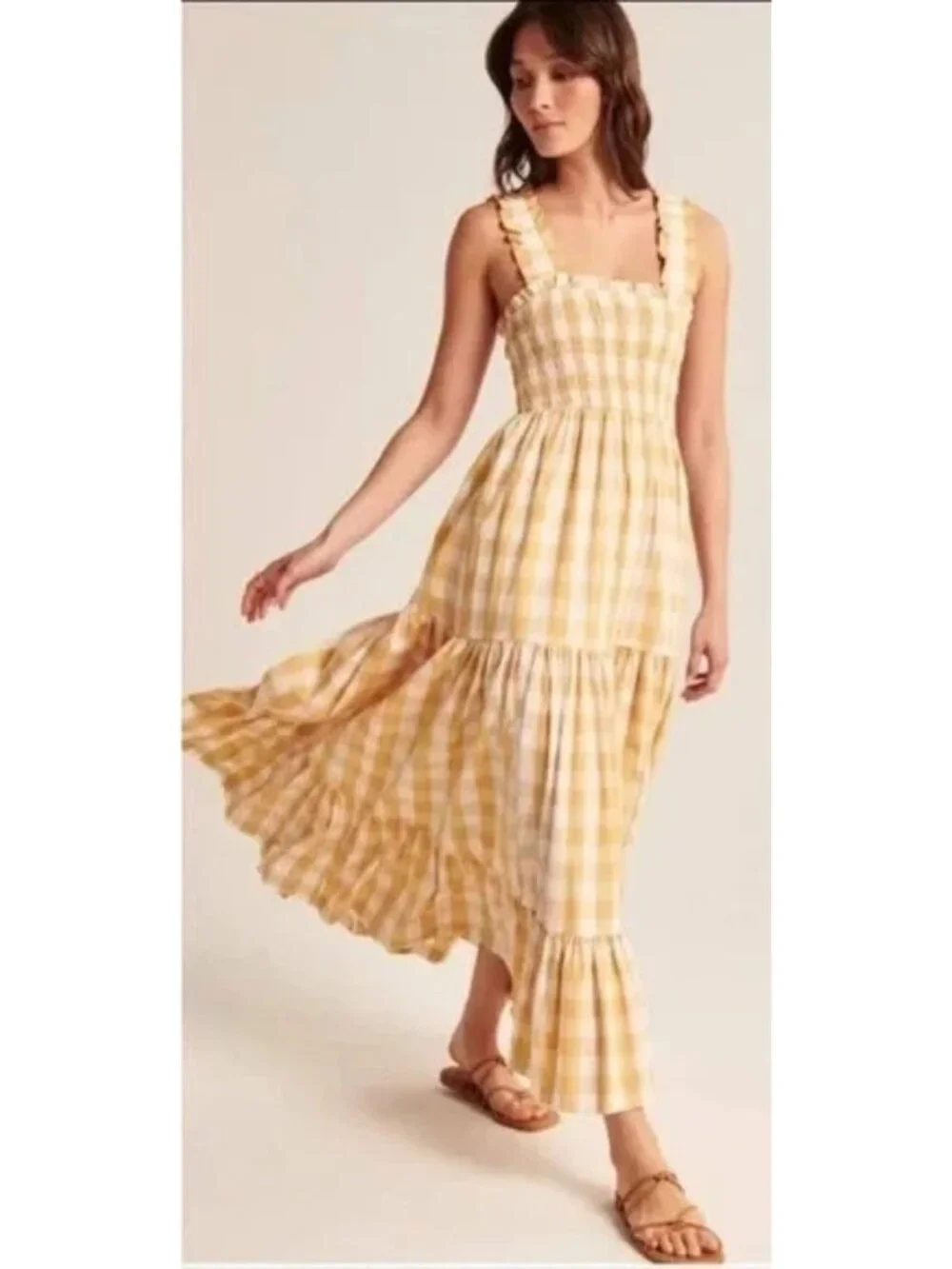 Abercrombie & Fitch Yellow Gingham Ruffle Strap Maxi Dress